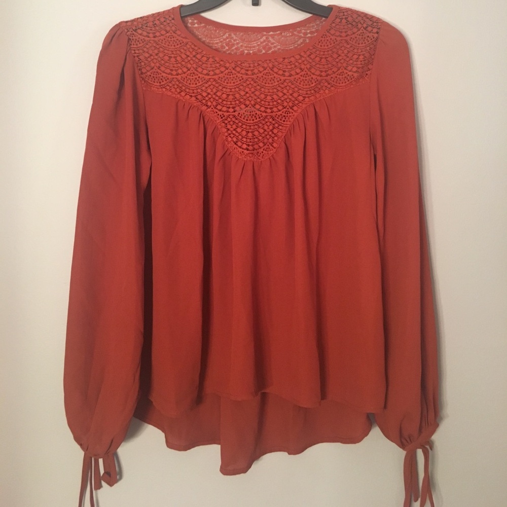 Charlotte Russe 🍁 Rust Orange Long Sleeve Blouse with Lace Yoke Neckline